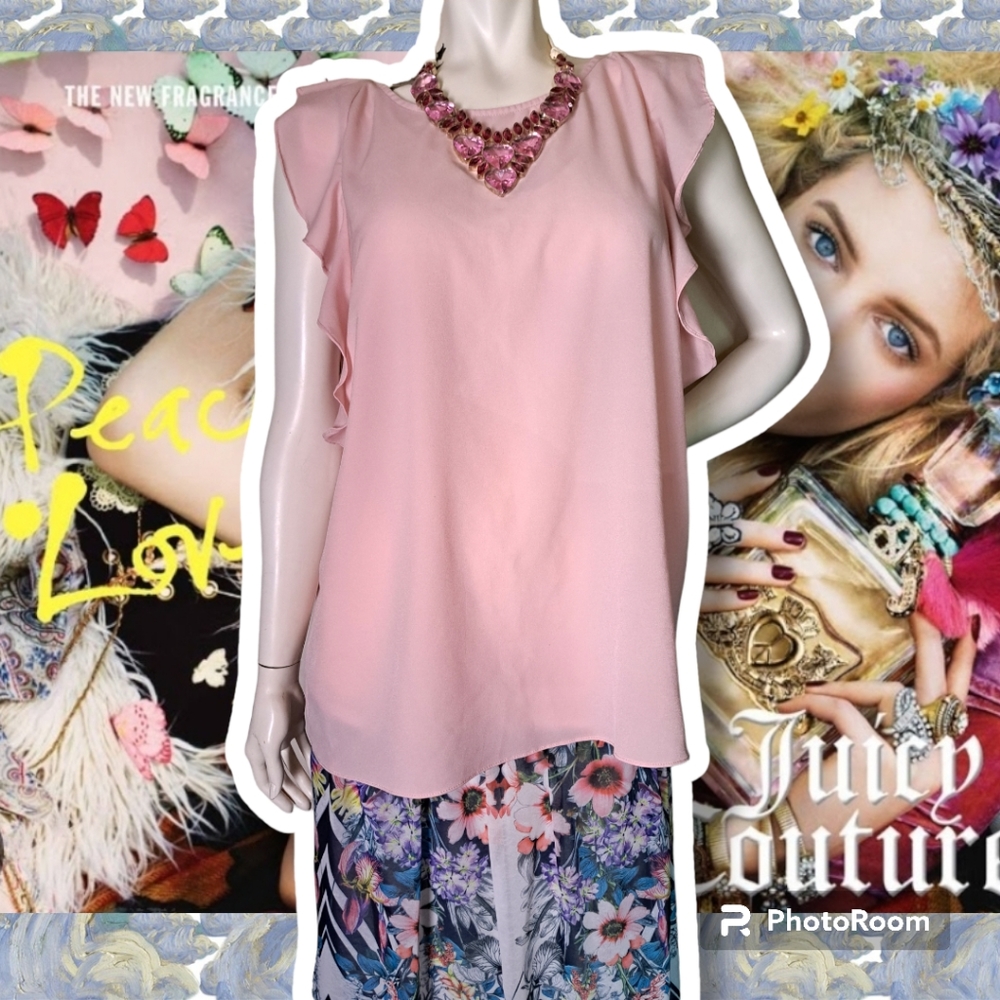 NEW Juicy Couture Femme Spring Ruffle Sleeve Flowy Blouse Peach Skin Pink 2X XXL